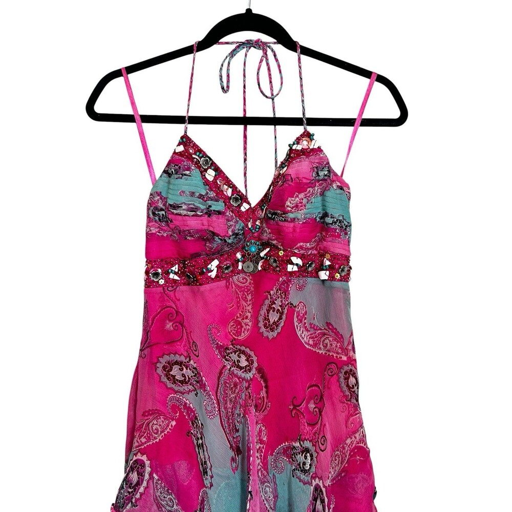 Vintage Sue Wong Couture 100% Silk Beaded Paisley Handkerchief Dress Sz 4 - Picture 2 of 7